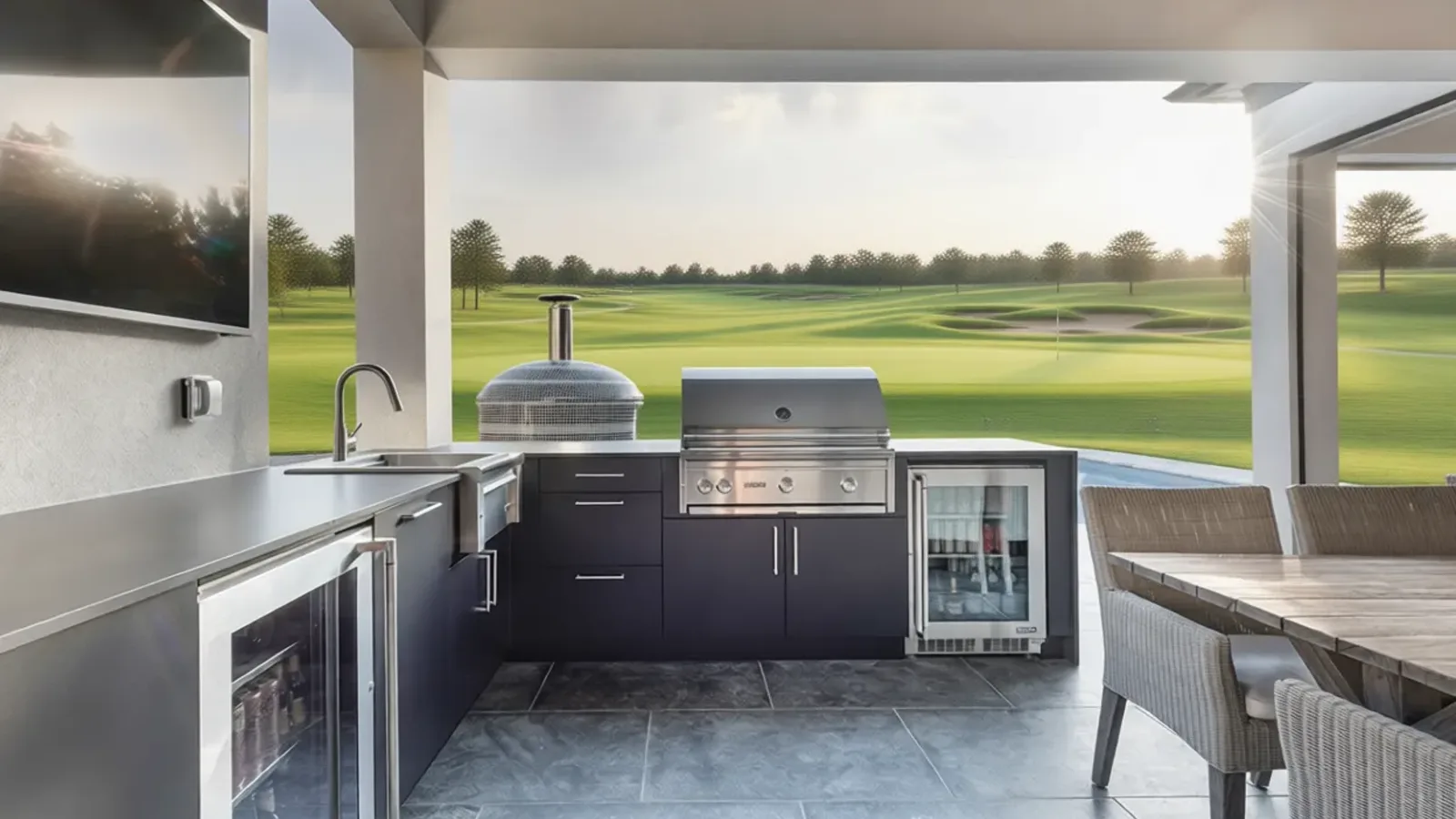 Outdoor kitchen with a built-in grill and stone countertop in Tampa, FL